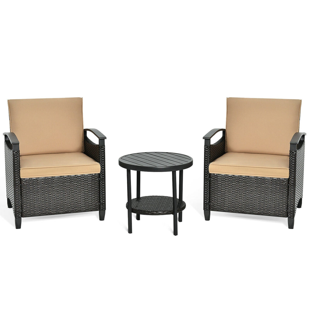 3 Pieces Patio Rattan Set Cushioned Sofa Storage Table with Shelf