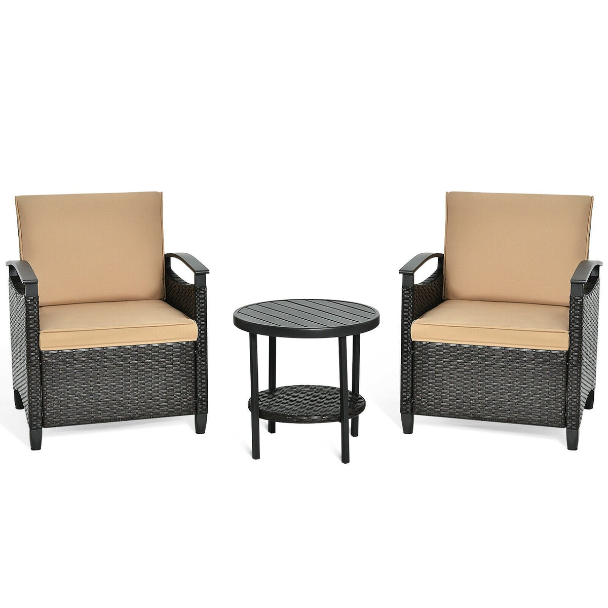 3 Pieces Patio Rattan Set Cushioned Sofa Storage Table with Shelf