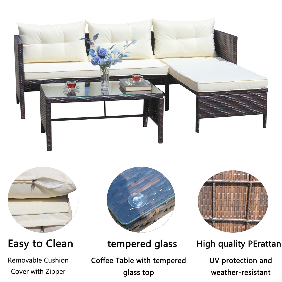Patio 3-Piece Conversation Set with Wicker Rattan Sectional Sofa
