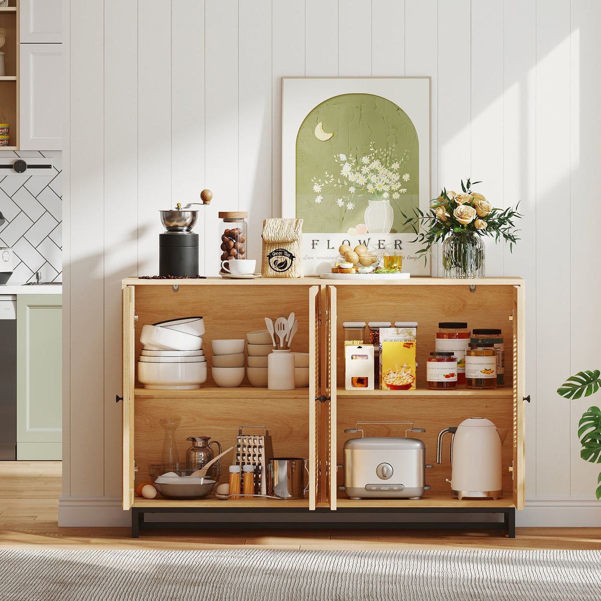 50 Inch Buffet Sideboard Cabinet with 4 Rattan Doors