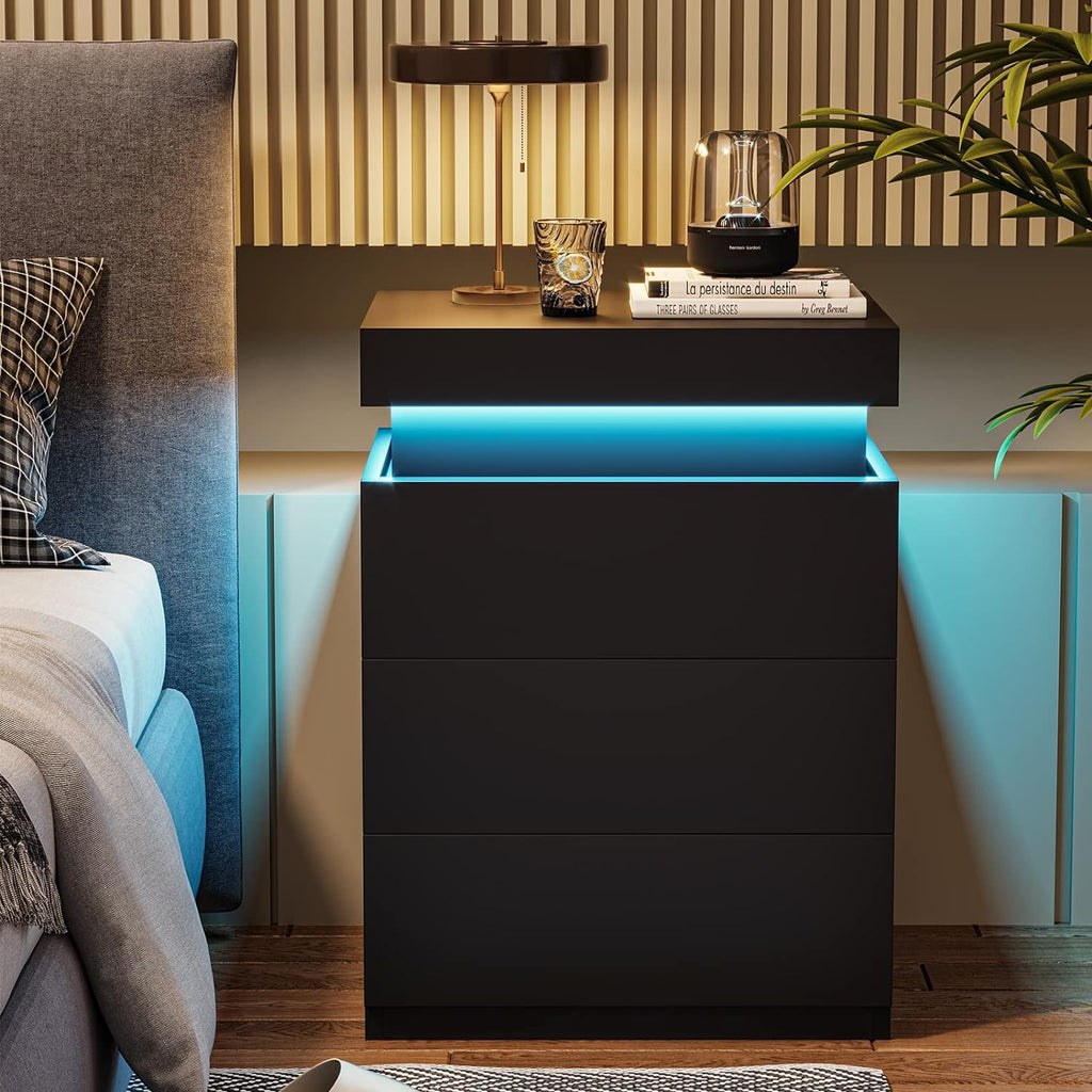 LED Black Nightstand Modern Multi-Colour LED Night Table Bedside Tables for Bedroom