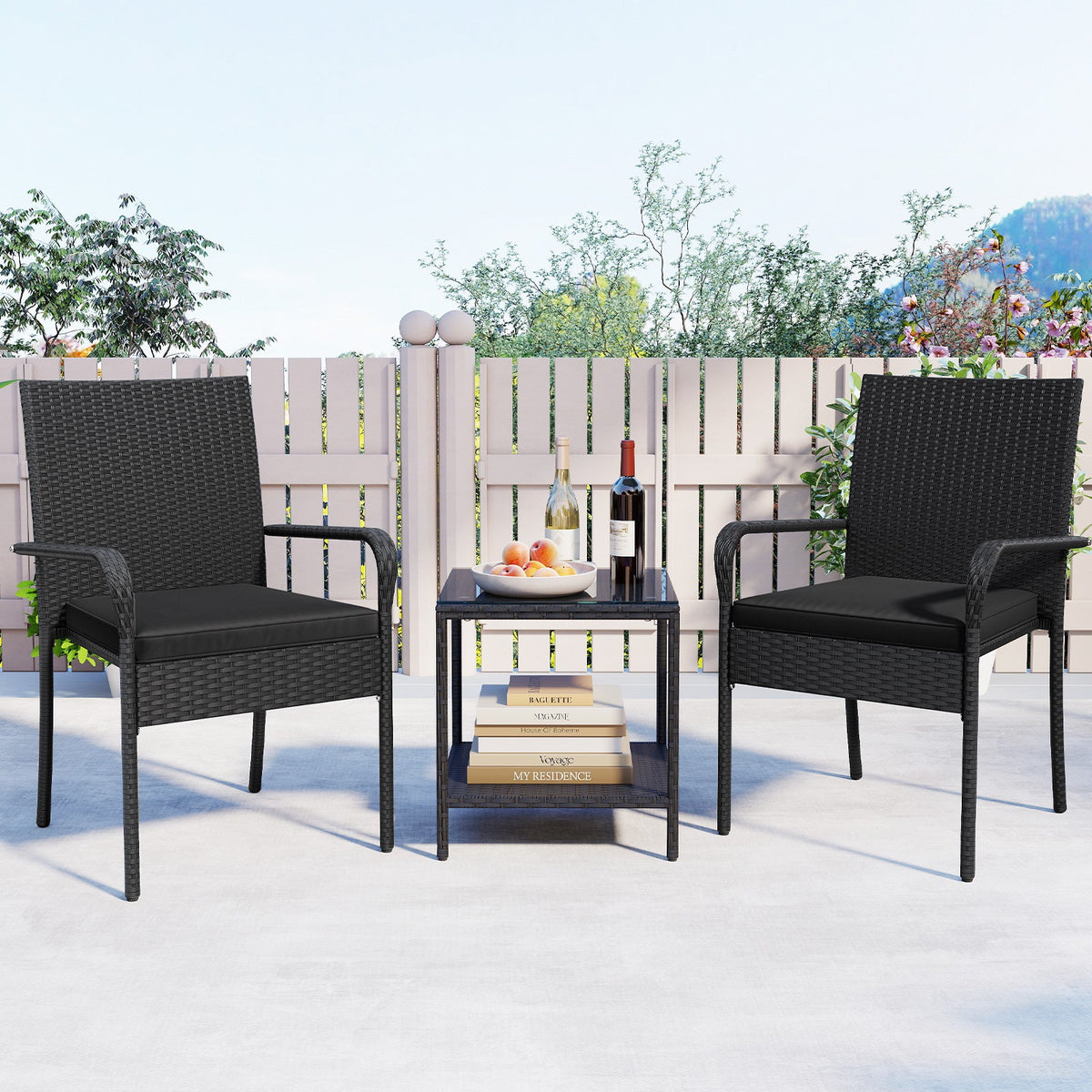 3 Piece Patio Furniture Set with Seat Cushions and Tempered Glass Tabletop