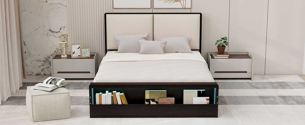 Queen Size Platform Bed Frame with Upholstery Headboard and Bookshelf