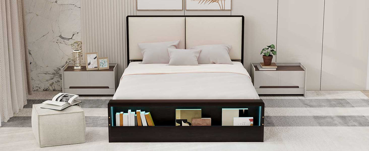 Queen Size Platform Bed Frame with Upholstery Headboard and Bookshelf