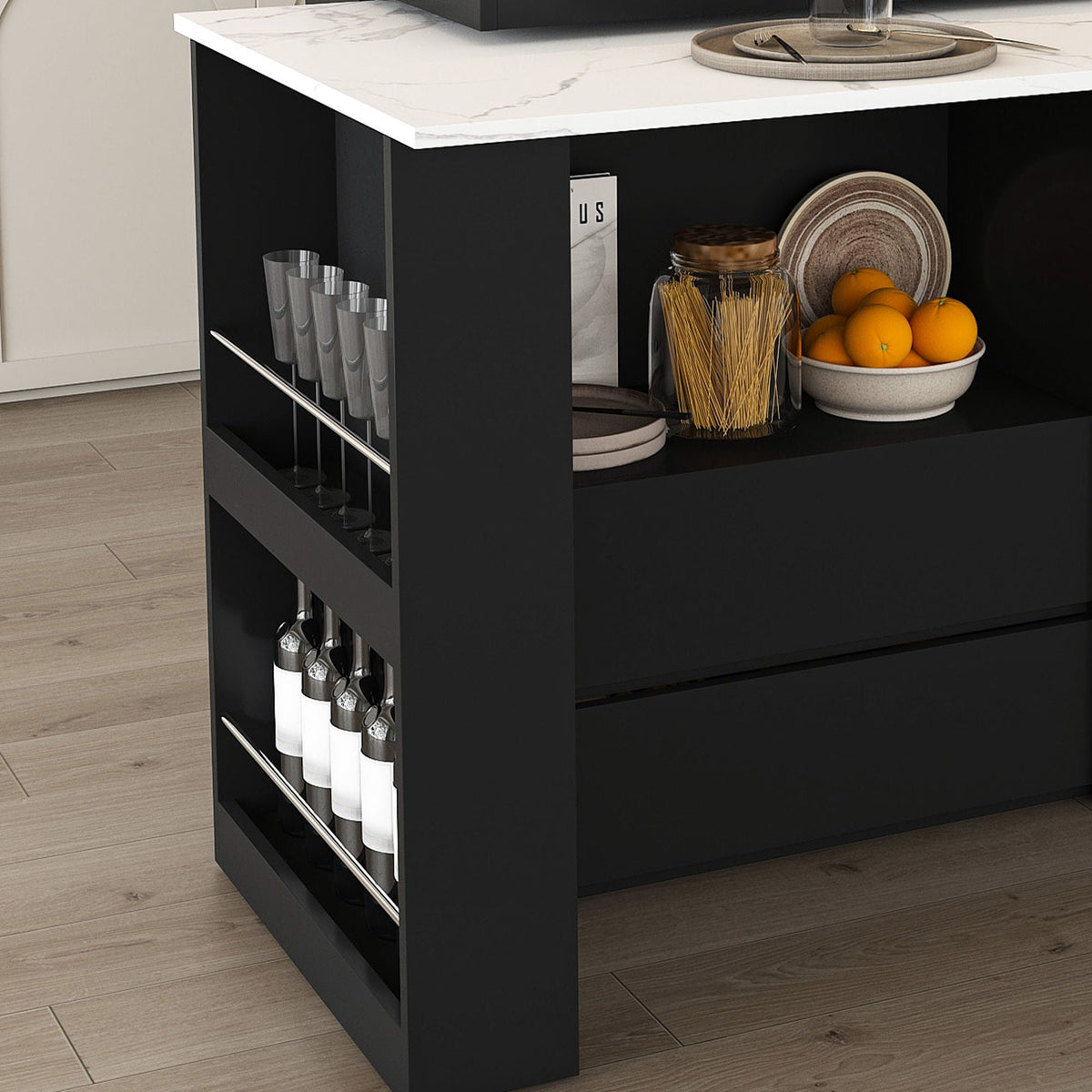 Kitchen Island, Extendable Rotating Table, 4 Drawers & Glass Doors