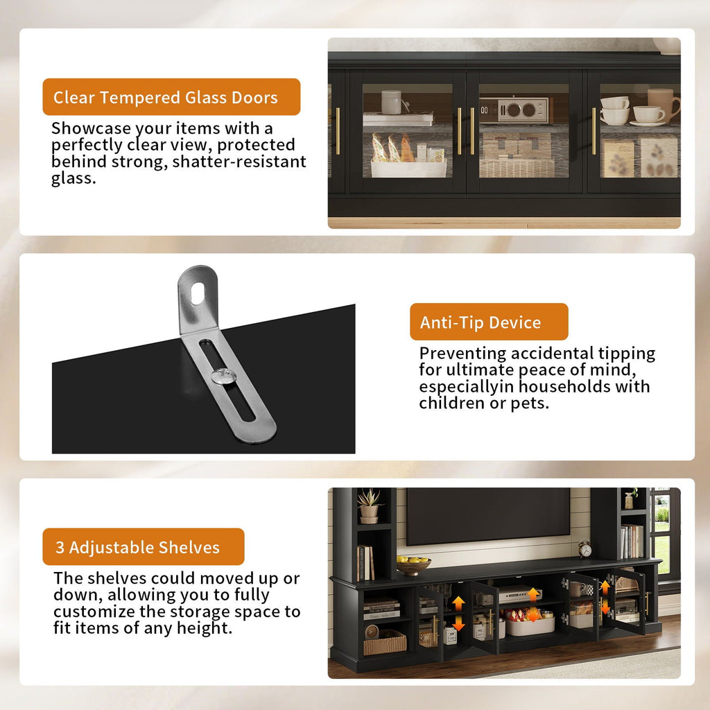 All-In-One Entertainment Center With Bookshelves & Tempered Glass Doors