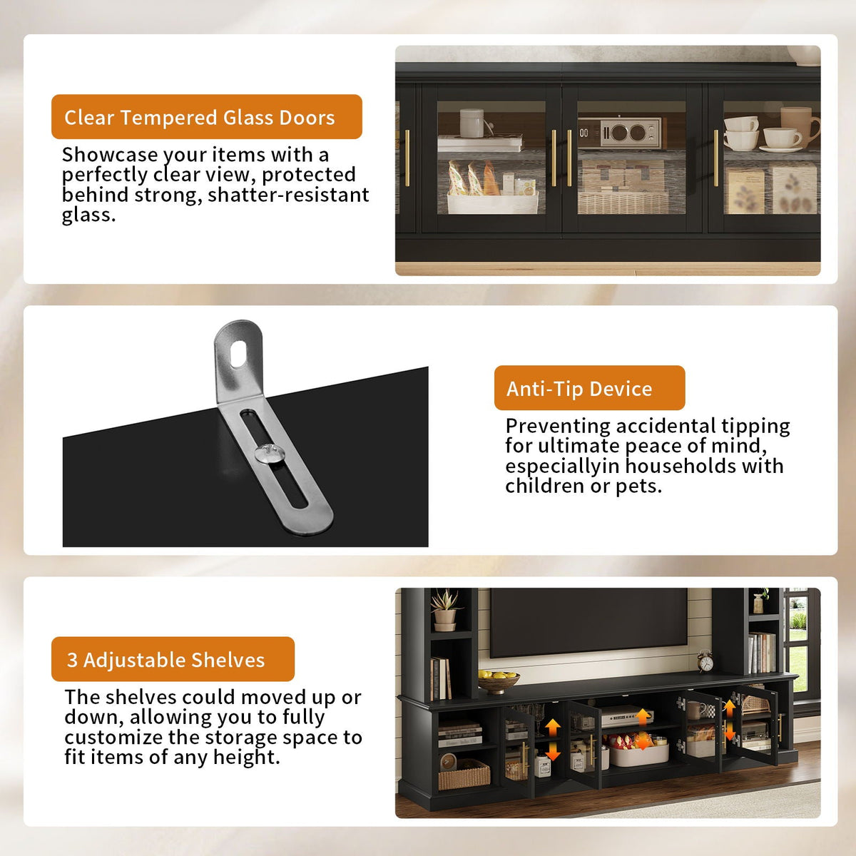 All-In-One Entertainment Center With Bookshelves & Tempered Glass Doors