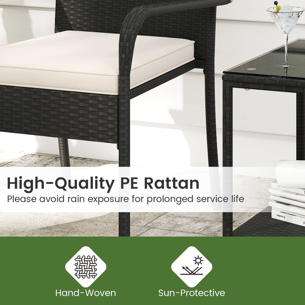 3 Piece Patio Furniture Set with Seat Cushions and Tempered Glass Tabletop