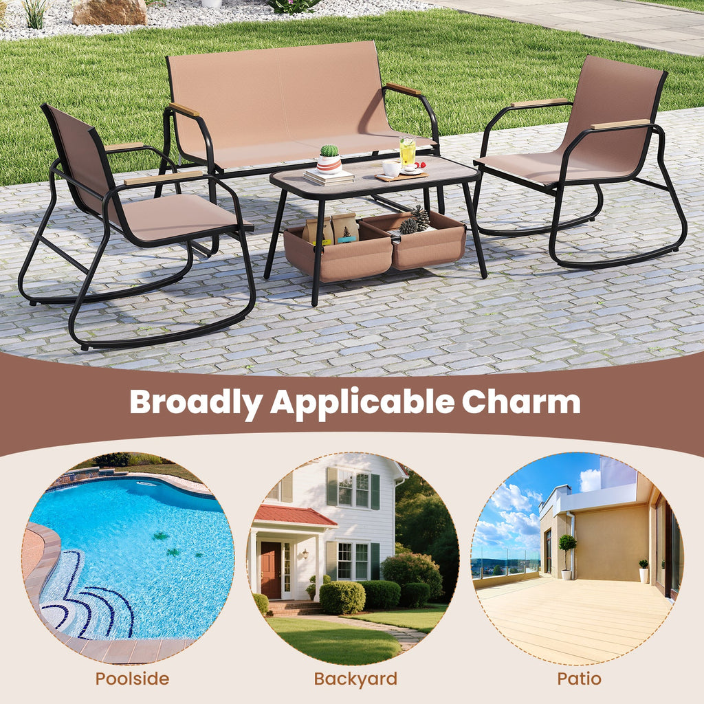 4 Pieces Patio Set with Rocking Bistro Chairs and Breathable Mesh Fabric-Coffee
