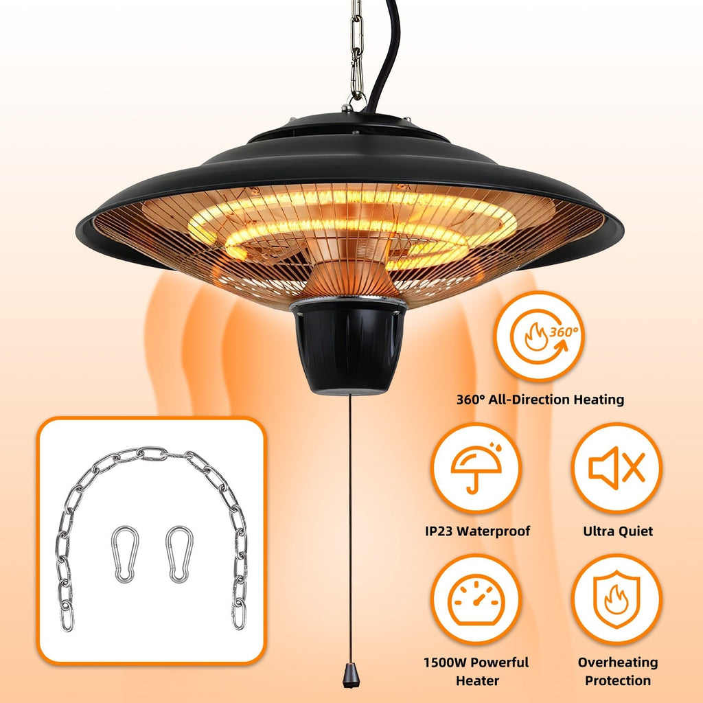 1500W Outdoor Hanging Patio Heater Waterproof 2 Heating Levels Overheating Protection