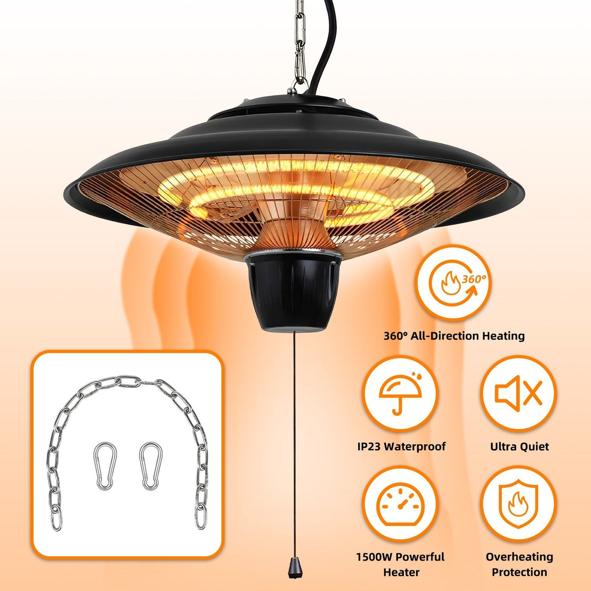 1500W Outdoor Hanging Patio Heater Waterproof 2 Heating Levels Overheating Protection