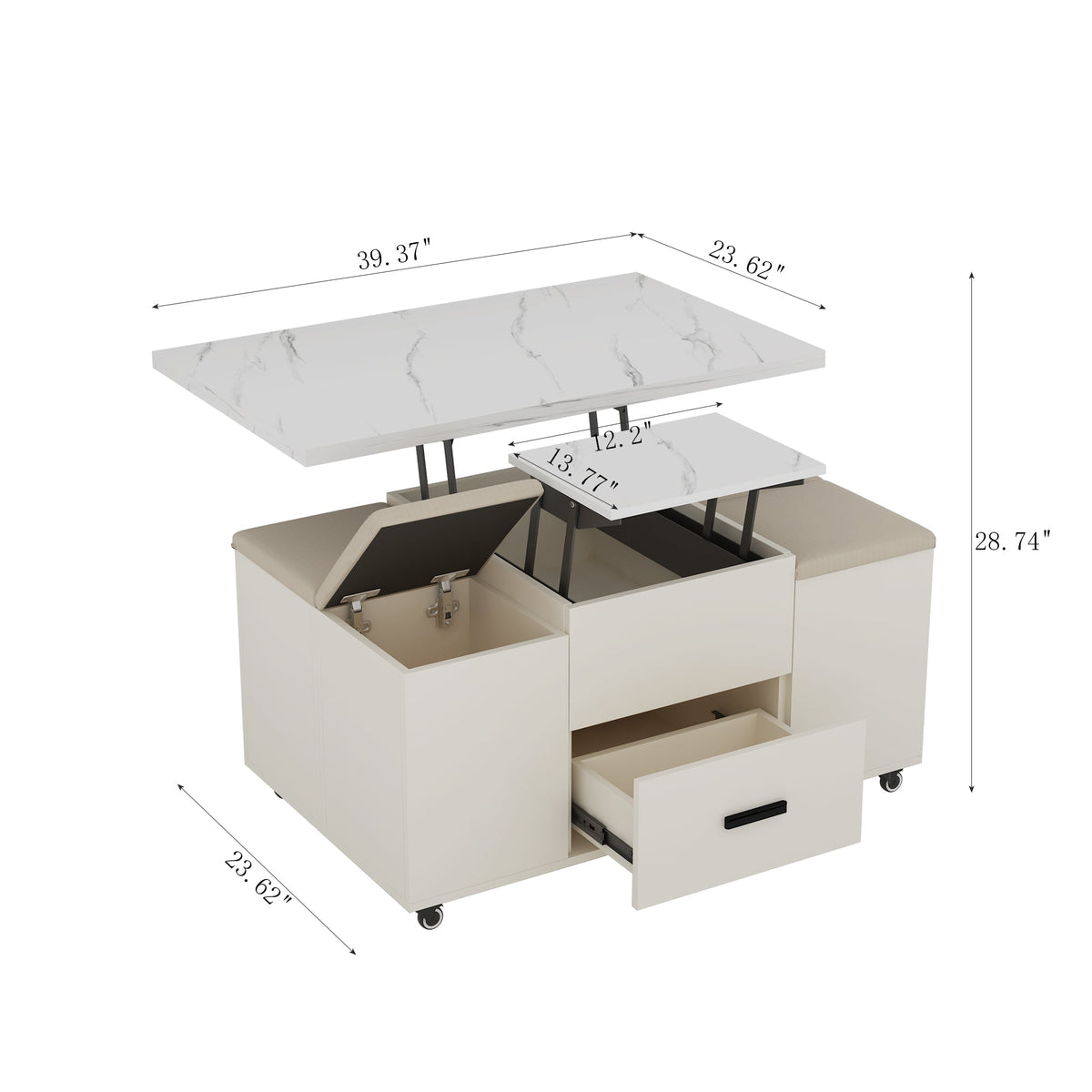 Modern lift coffee table, living room with 4 chairs, expandable, 1 hidden storage space