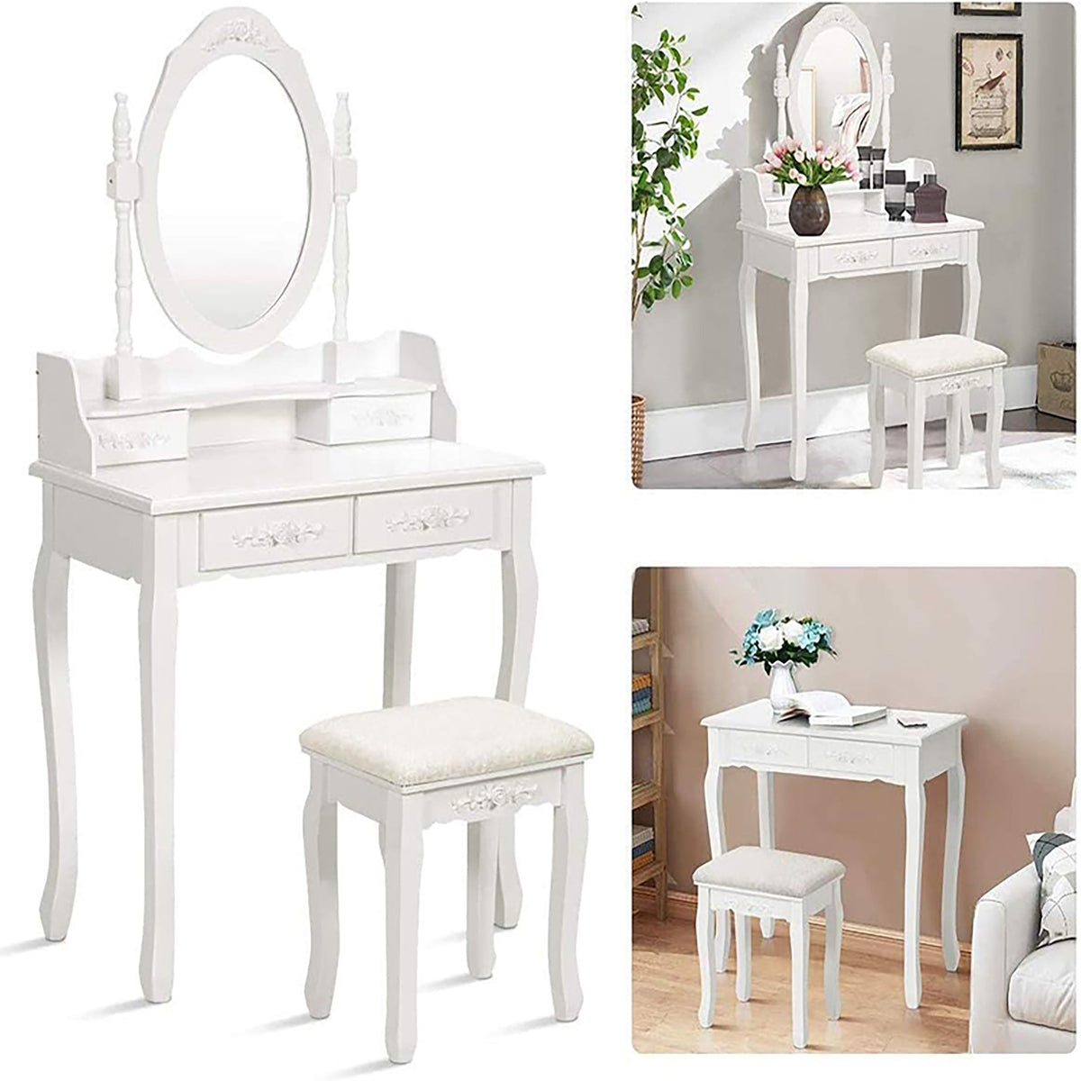 Vanity Table Set with 4 Drawer, Makeup Dressing Table w/Cushioned Stool