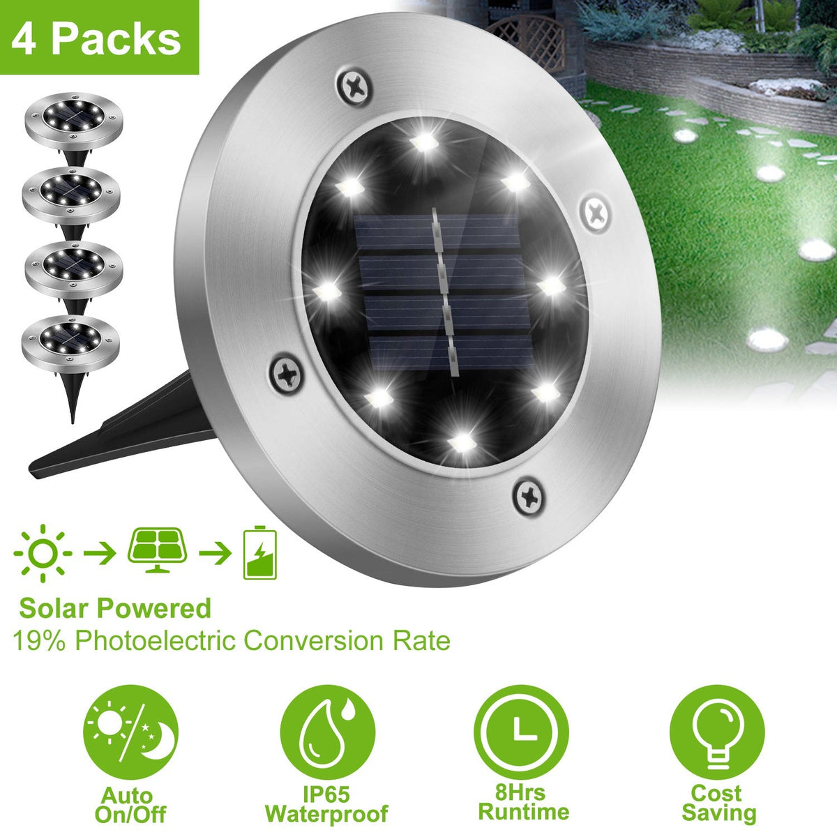 4Pcs Solar Powered Light Outdoor Waterproof Buried In-Ground Lamp Decorative Path, Deck