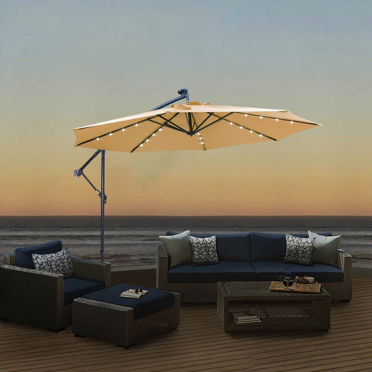 10 FT Solar LED Patio Outdoor Umbrella Hanging Cantilever Umbrella Offset Umbrella