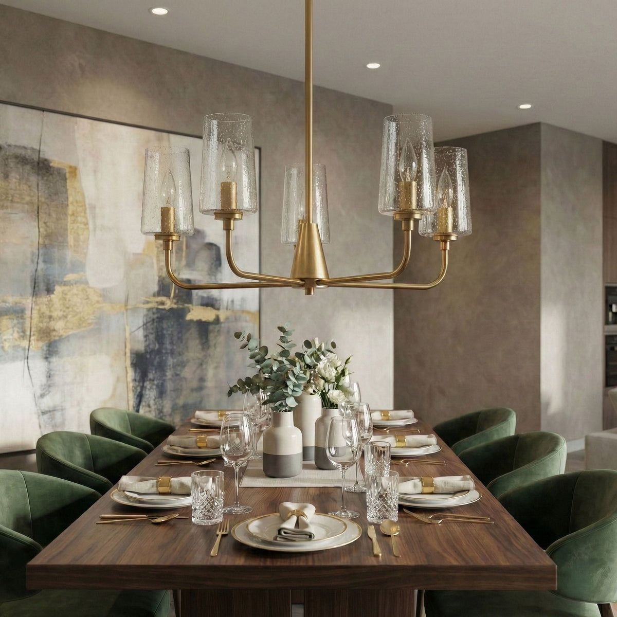 5 Lights Chandelier With Clear Seeded Satin - Antique Brass