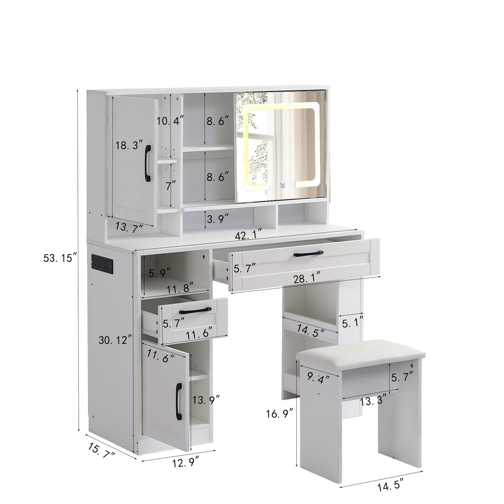 Vanity table with large sliding lighted mirror dressing table with 2 drawers storage shelves