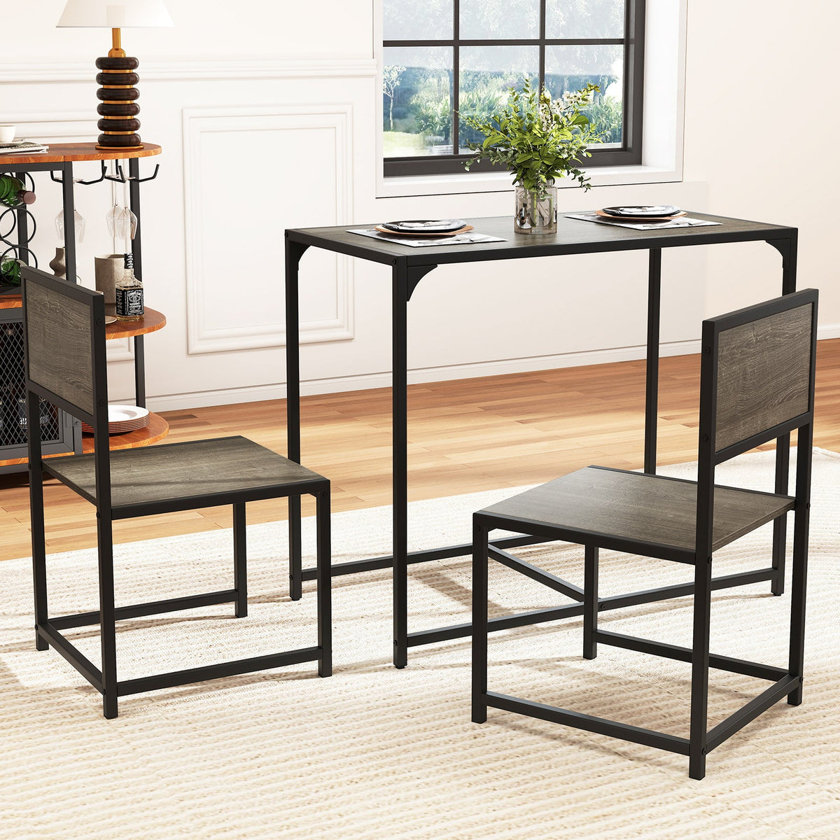 3 Pcs Dining Set Compact Table and 2 Chair with Metal Frame