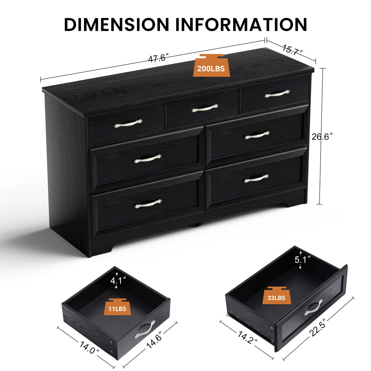 Modern 3 Drawer Bedroom Chest of Drawers with 7 Drawers Dresser, Clothes Organizer
