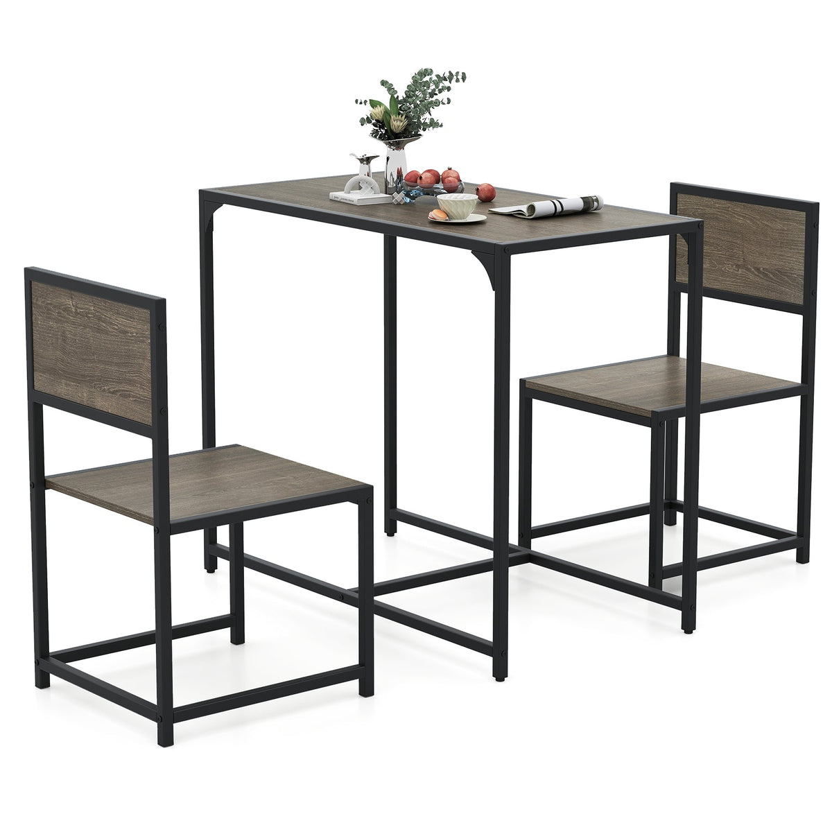 3 Pcs Dining Set Compact Table and 2 Chair with Metal Frame
