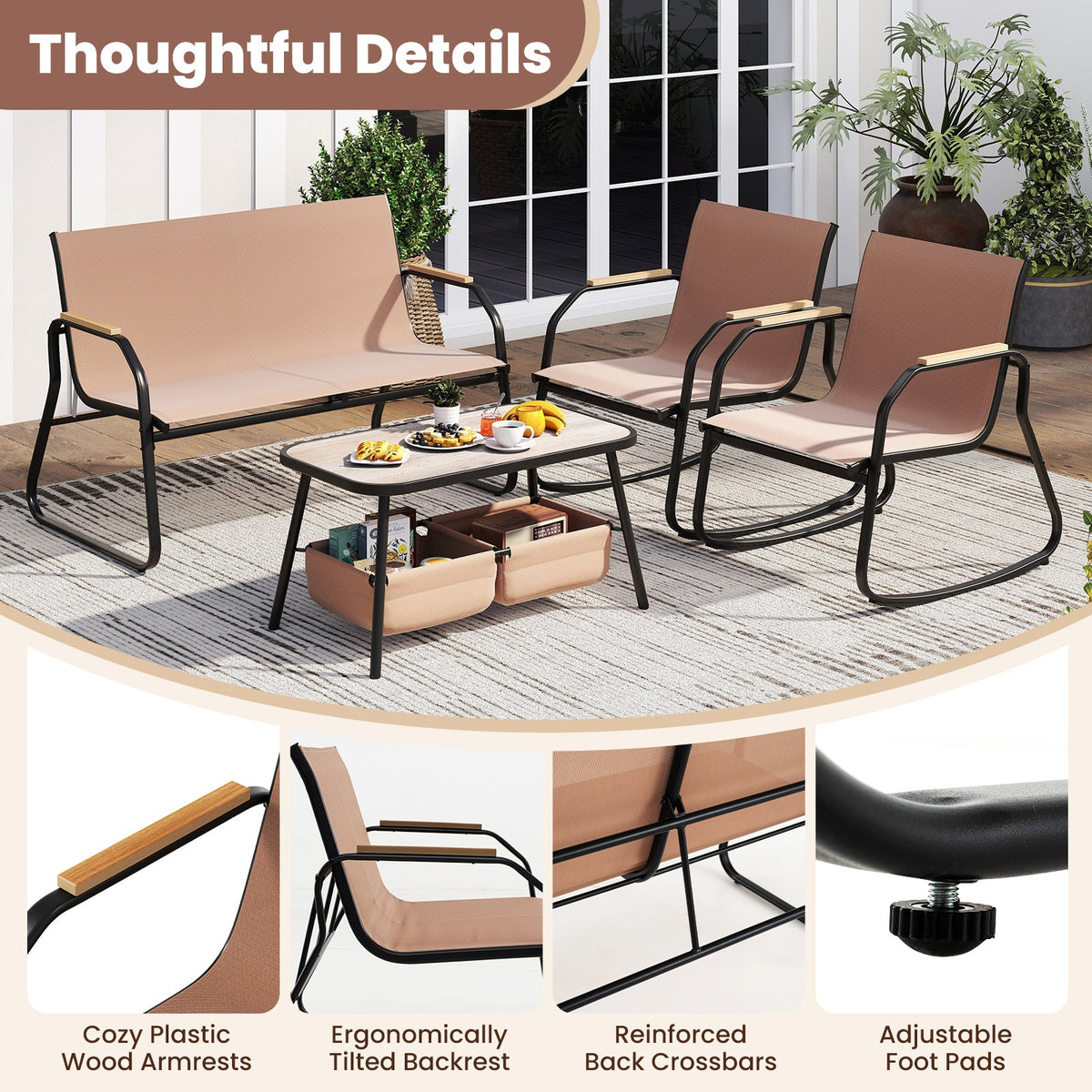4 Pieces Patio Set with Rocking Bistro Chairs and Breathable Mesh Fabric-Coffee