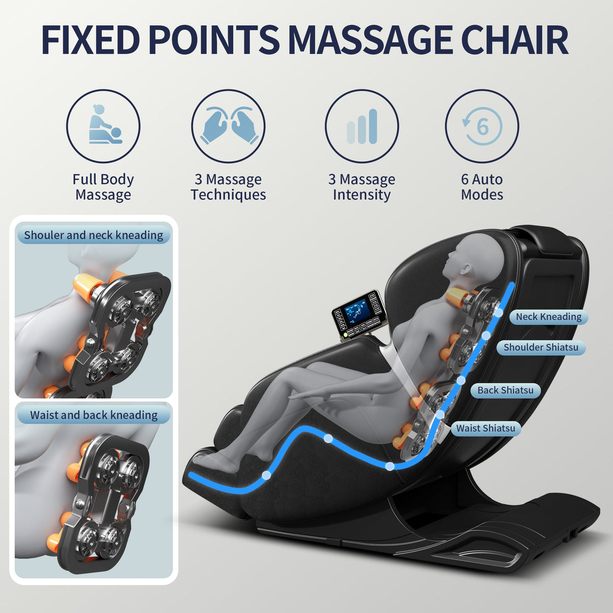 Full body deep tissue massage chair, foot massage, 8 fixed massage rollers, touch screen