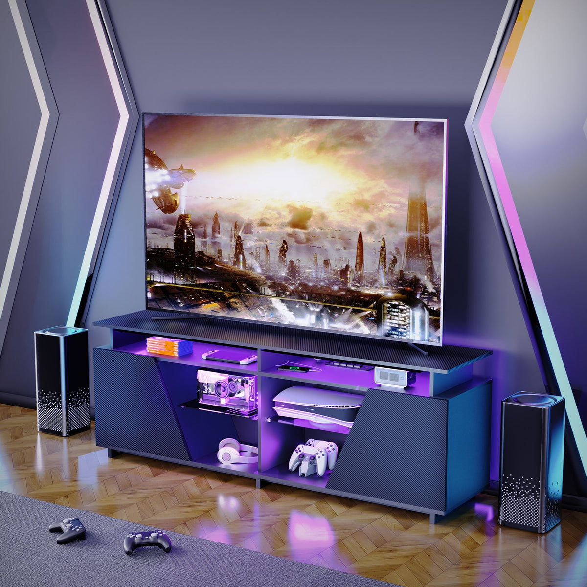 Gaming TV Stand for PS5 with Power Outlets, for TVs 75 inch and Below