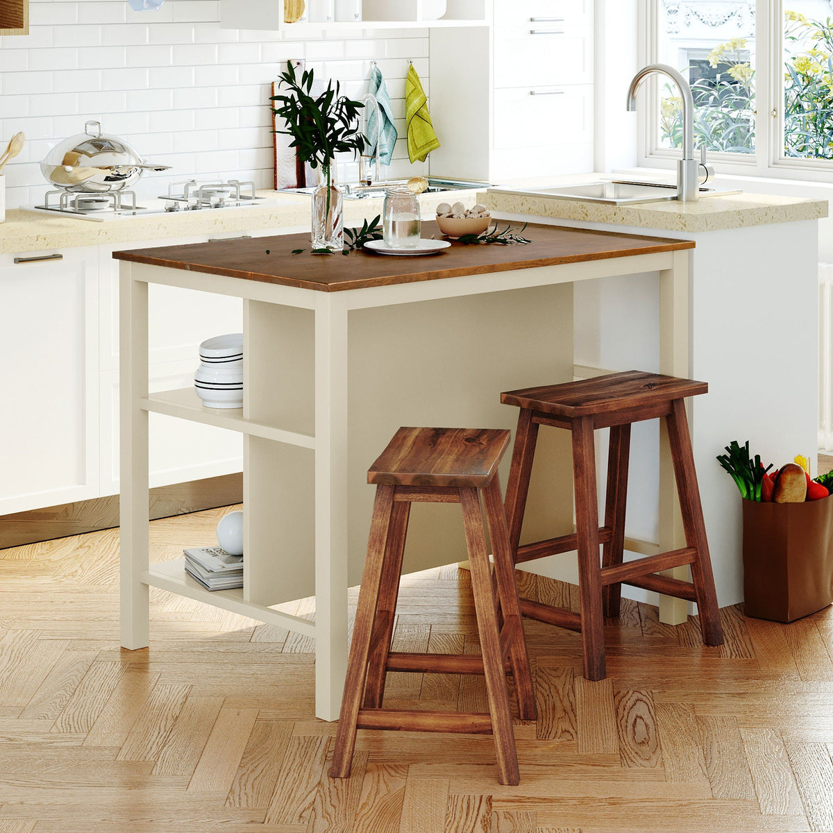 Rustic 3 Piece Stationary Kitchen Island Set With 2 Seats