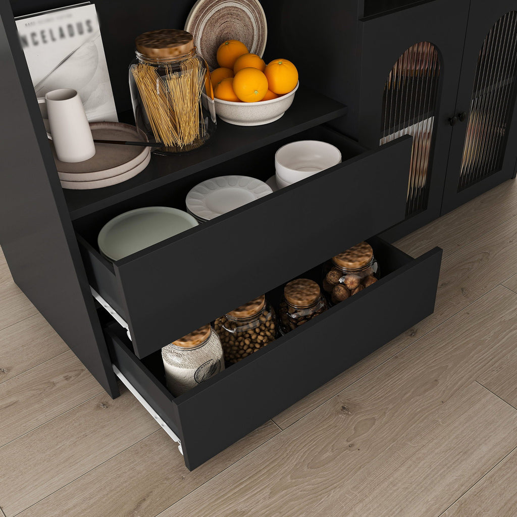 Kitchen Island, Extendable Rotating Table, 4 Drawers & Glass Doors