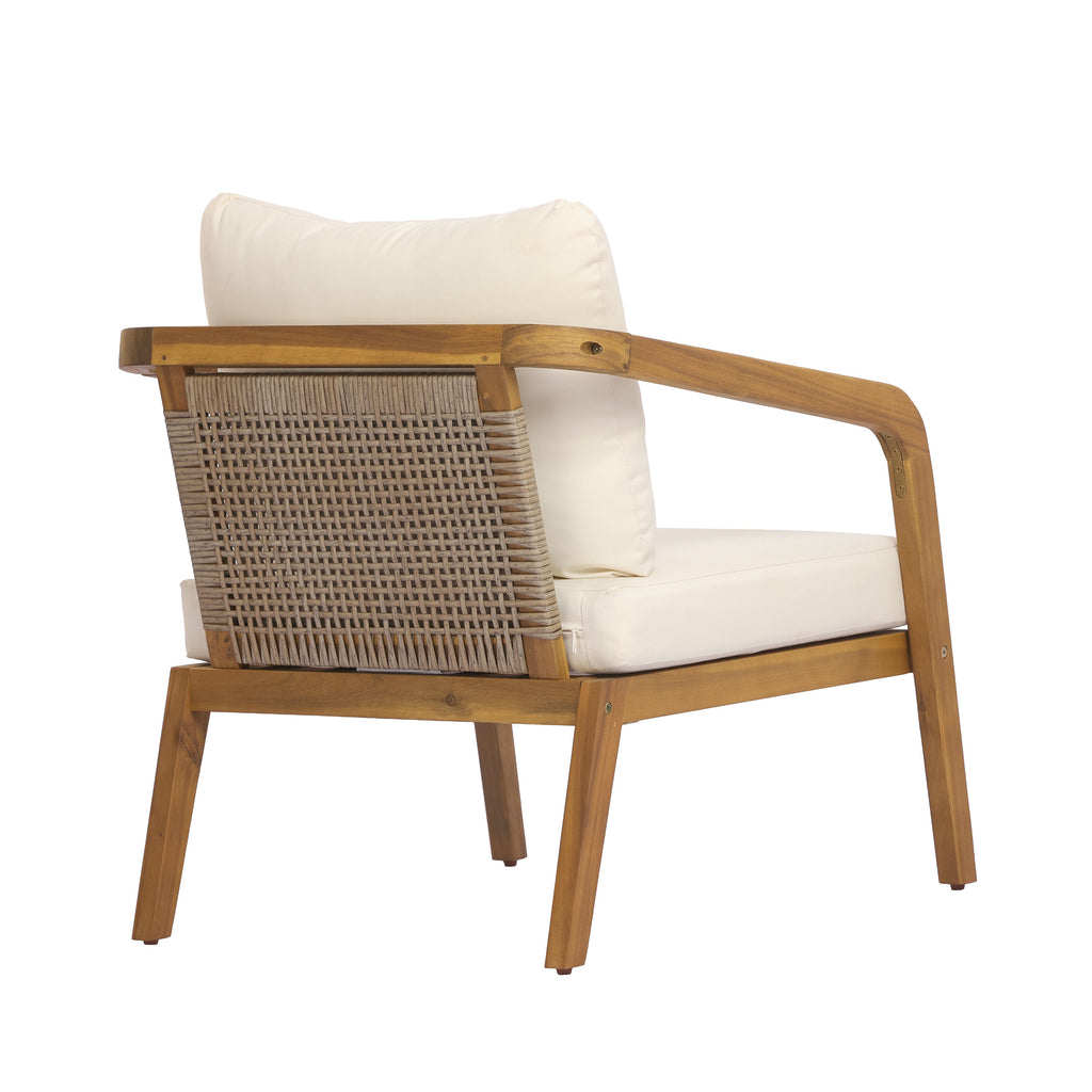 Acacia Wood Outdoor Patio Club Chair with Wicker Backrest & Cushion - Cream, Light Brown