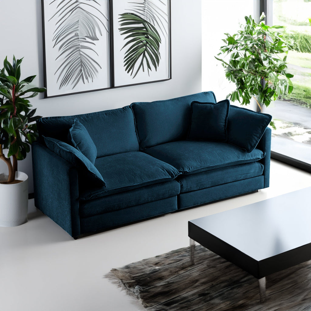 Modern Fabric Loveseat, Large Size Deep 2-Seat Sofa with 4 Pillows ,Blue Chenille