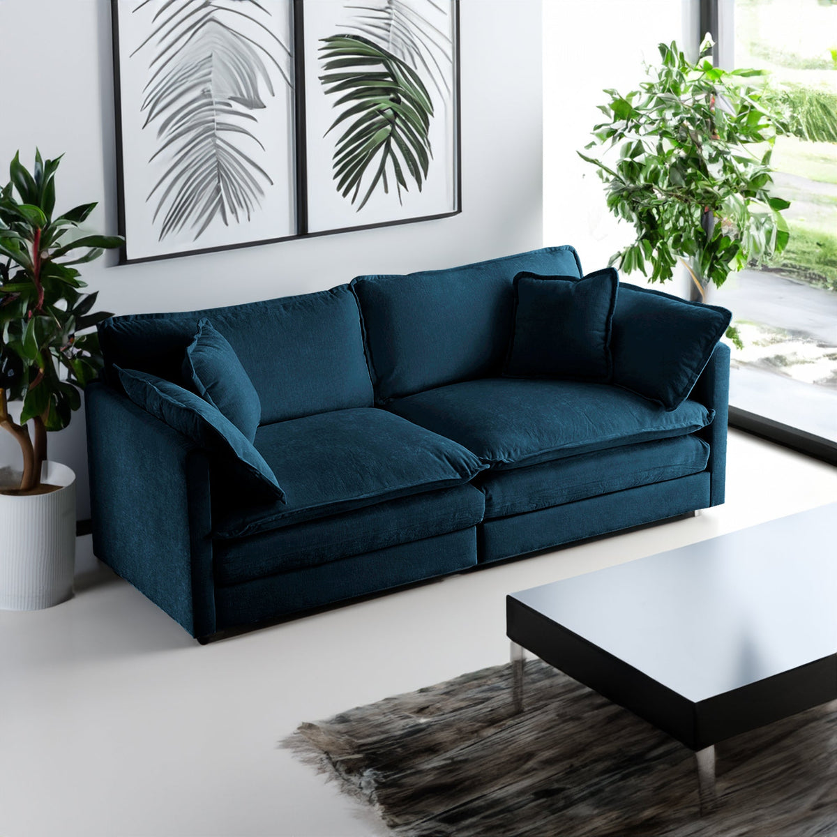 Modern Fabric Loveseat, Large Size Deep 2-Seat Sofa with 4 Pillows ,Blue Chenille