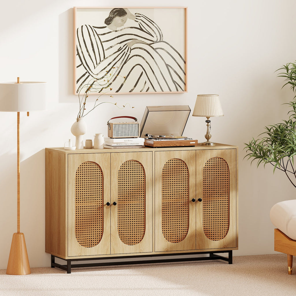50 Inch Buffet Sideboard Cabinet with 4 Rattan Doors
