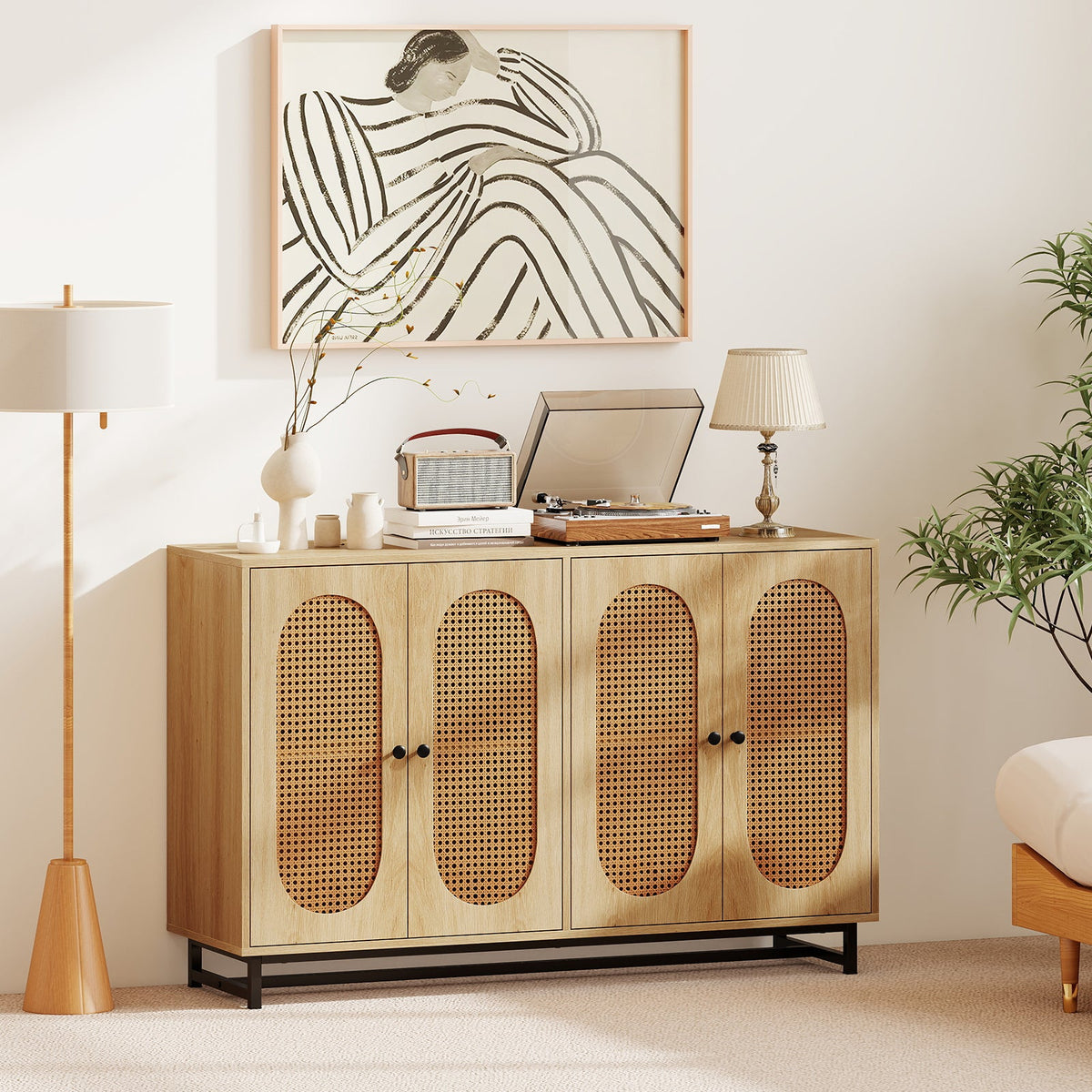 50 Inch Buffet Sideboard Cabinet with 4 Rattan Doors