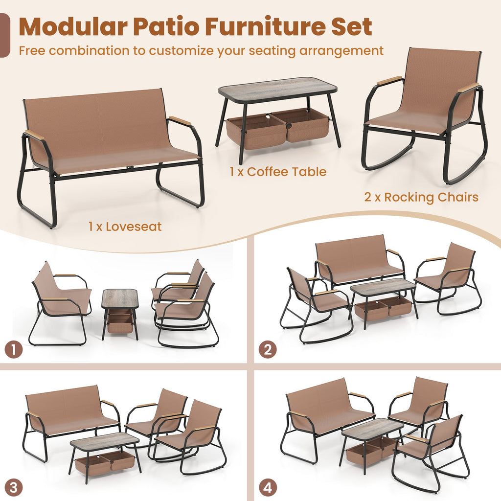 4 Pieces Patio Set with Rocking Bistro Chairs and Breathable Mesh Fabric-Coffee