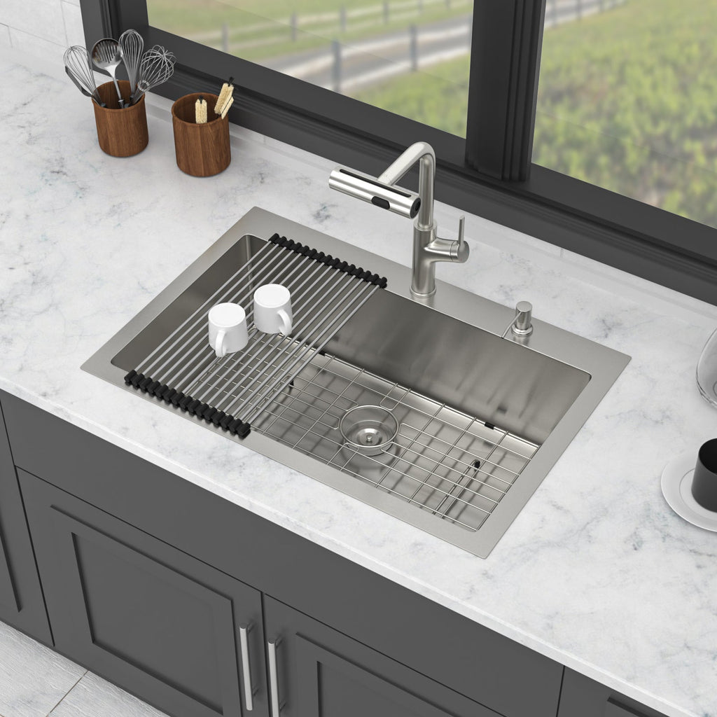 33" Drop-in Kitchen Sink with Pull-out Faucet and Soap Dispenser