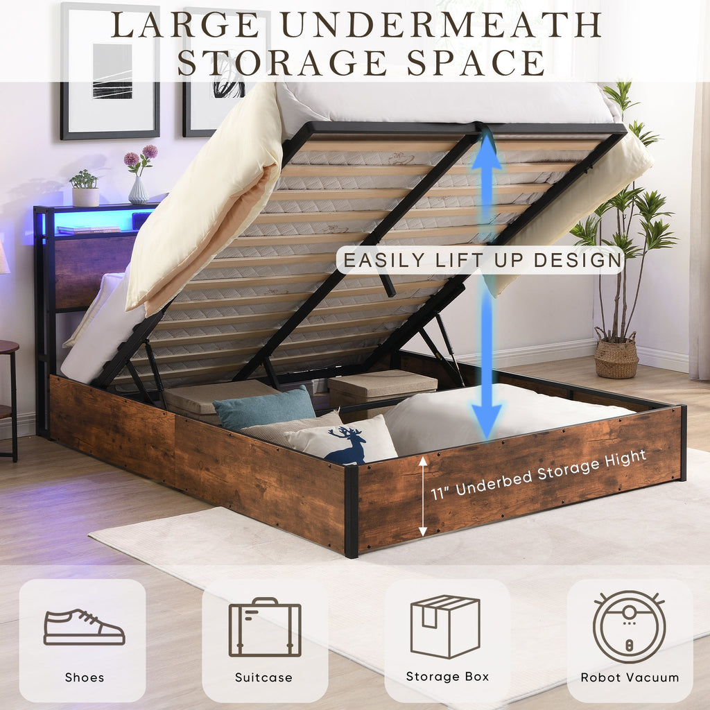 Elevating storage bed frame, full-size bed frame with bookshelf headboard and LED lights