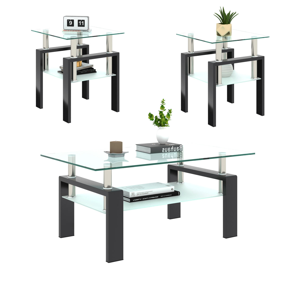Set of 2, Modern Tempered Glass Tea Table Coffee Table End Table