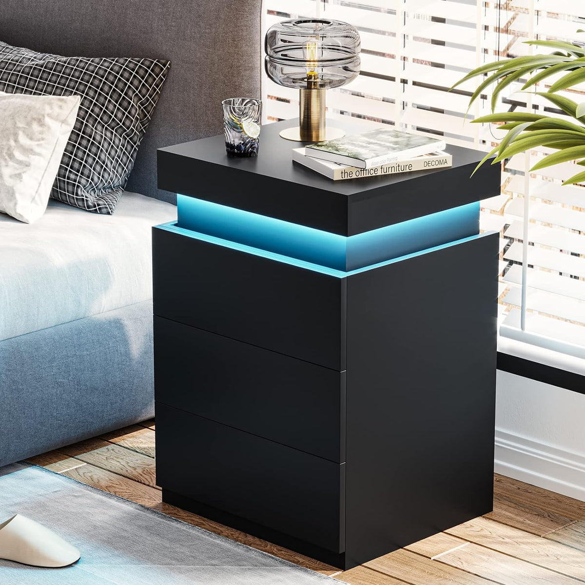 LED Black Nightstand Modern Multi-Colour LED Night Table Bedside Tables for Bedroom