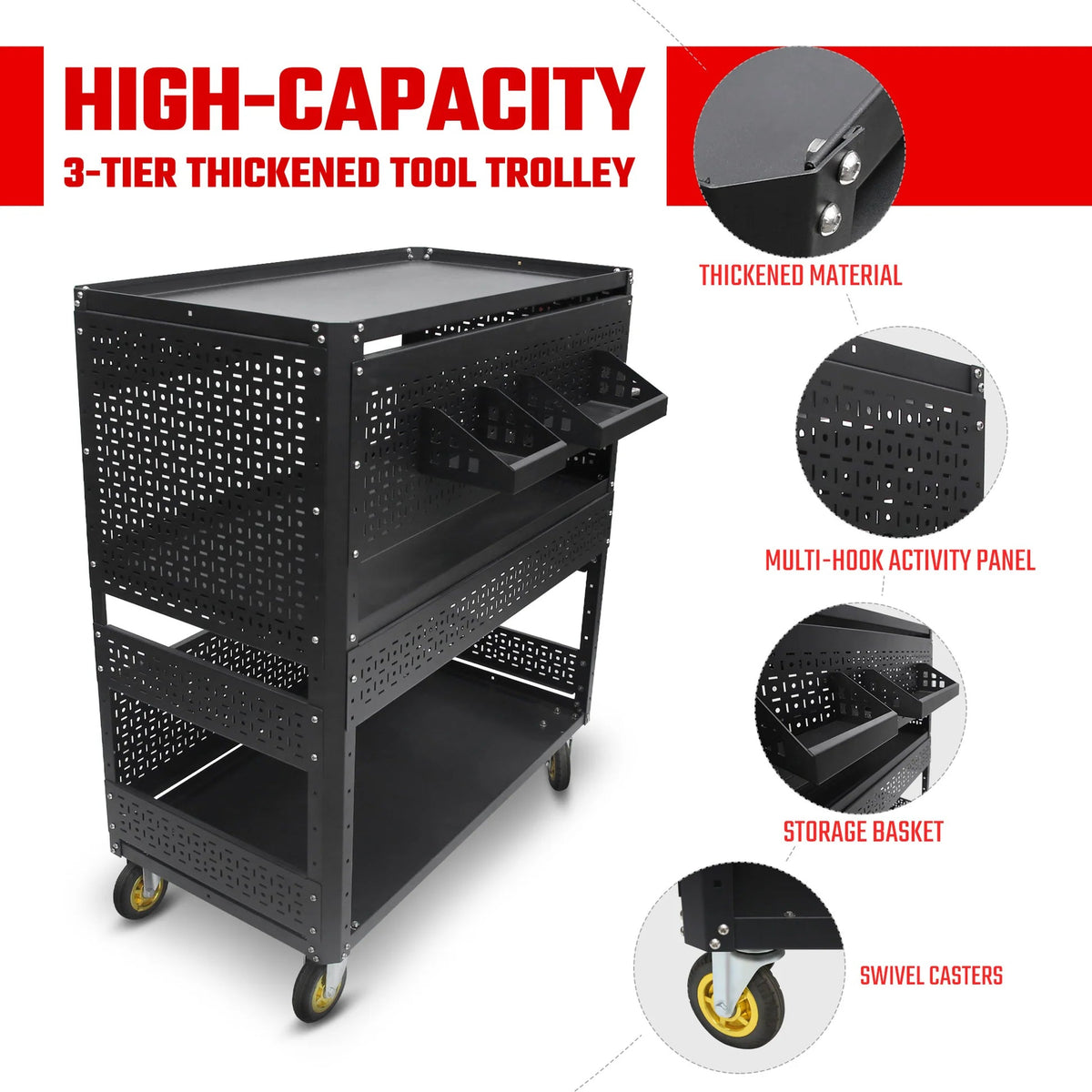 3-Tier Adjustable Rolling Tool Cart | Garage & Workshop Organizer