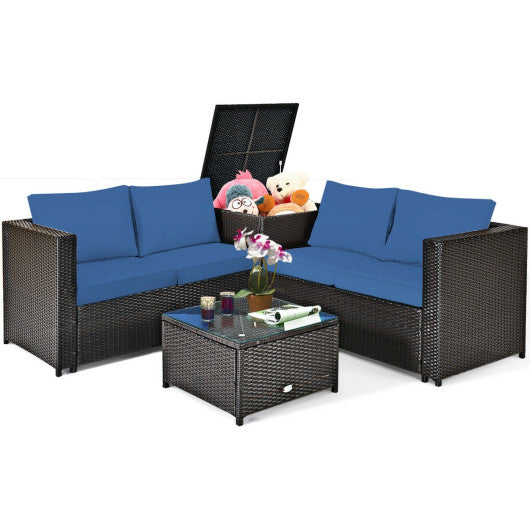 4 Pieces Outdoor Patio Rattan Set, Cushioned Loveseat, Storage Box-Navy