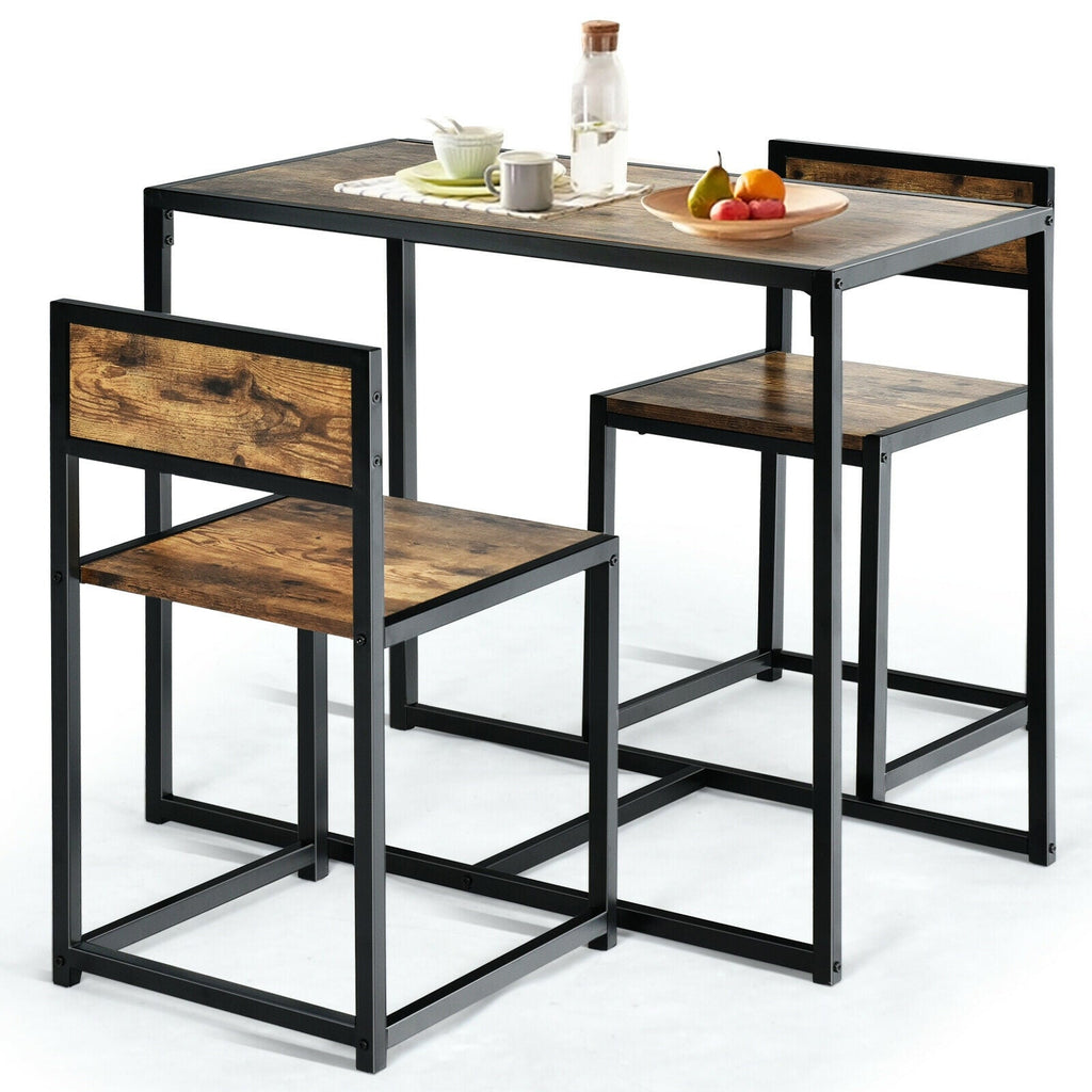 3 Pcs Dining Set Compact Table and 2 Chair with Metal Frame