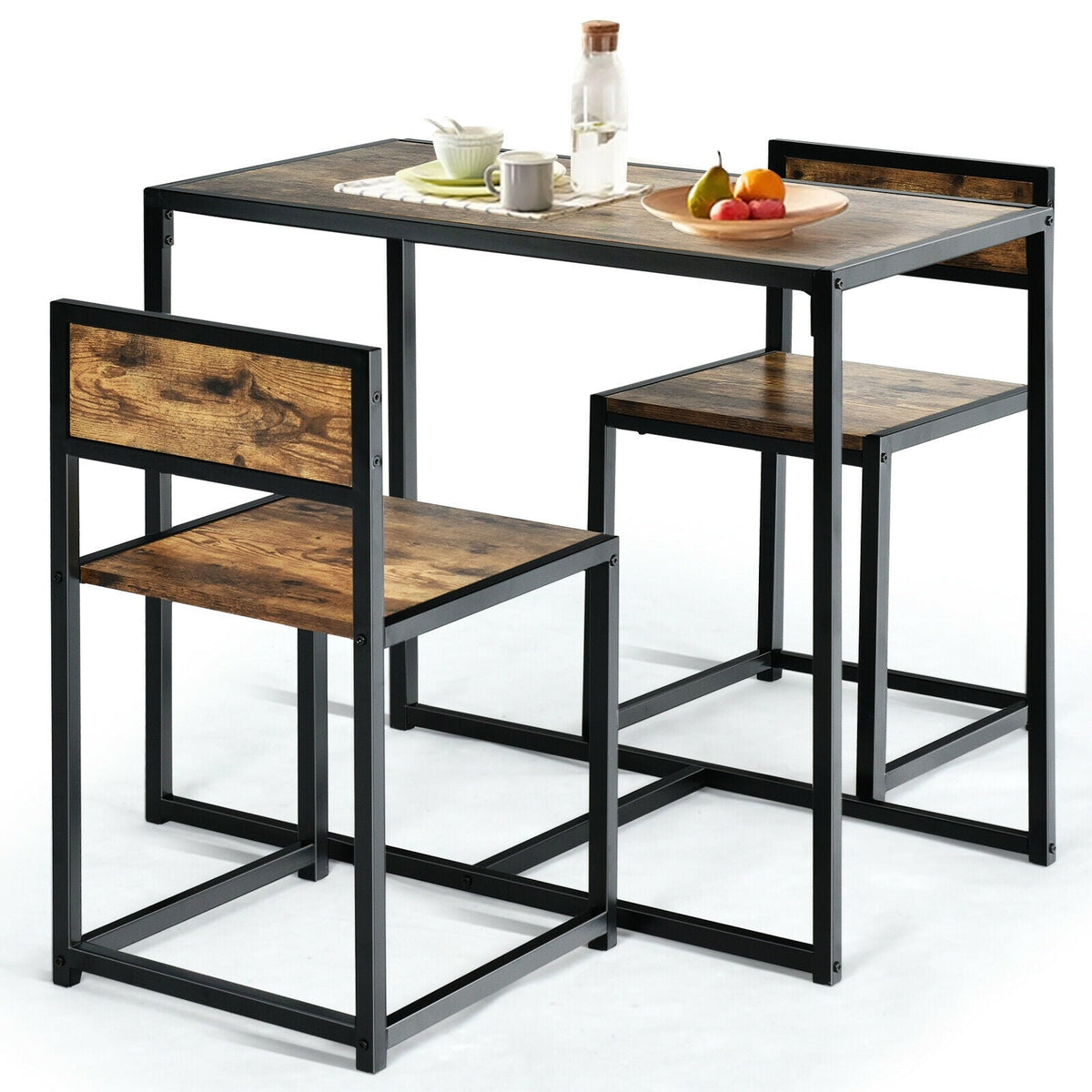 3 Pcs Dining Set Compact Table and 2 Chair with Metal Frame