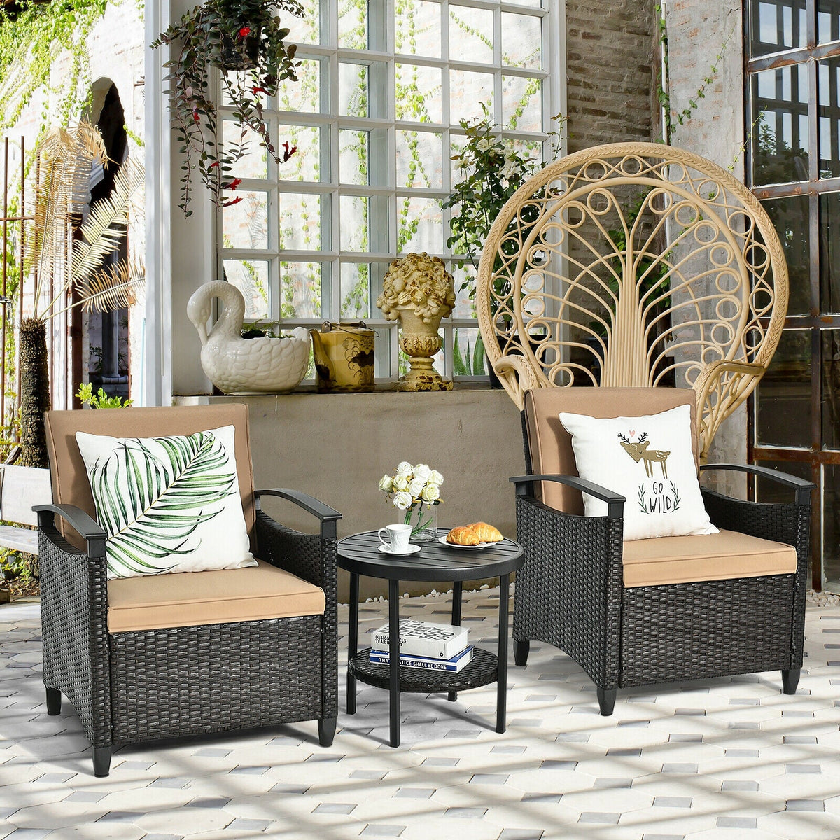 3 Pieces Patio Rattan Set Cushioned Sofa Storage Table with Shelf