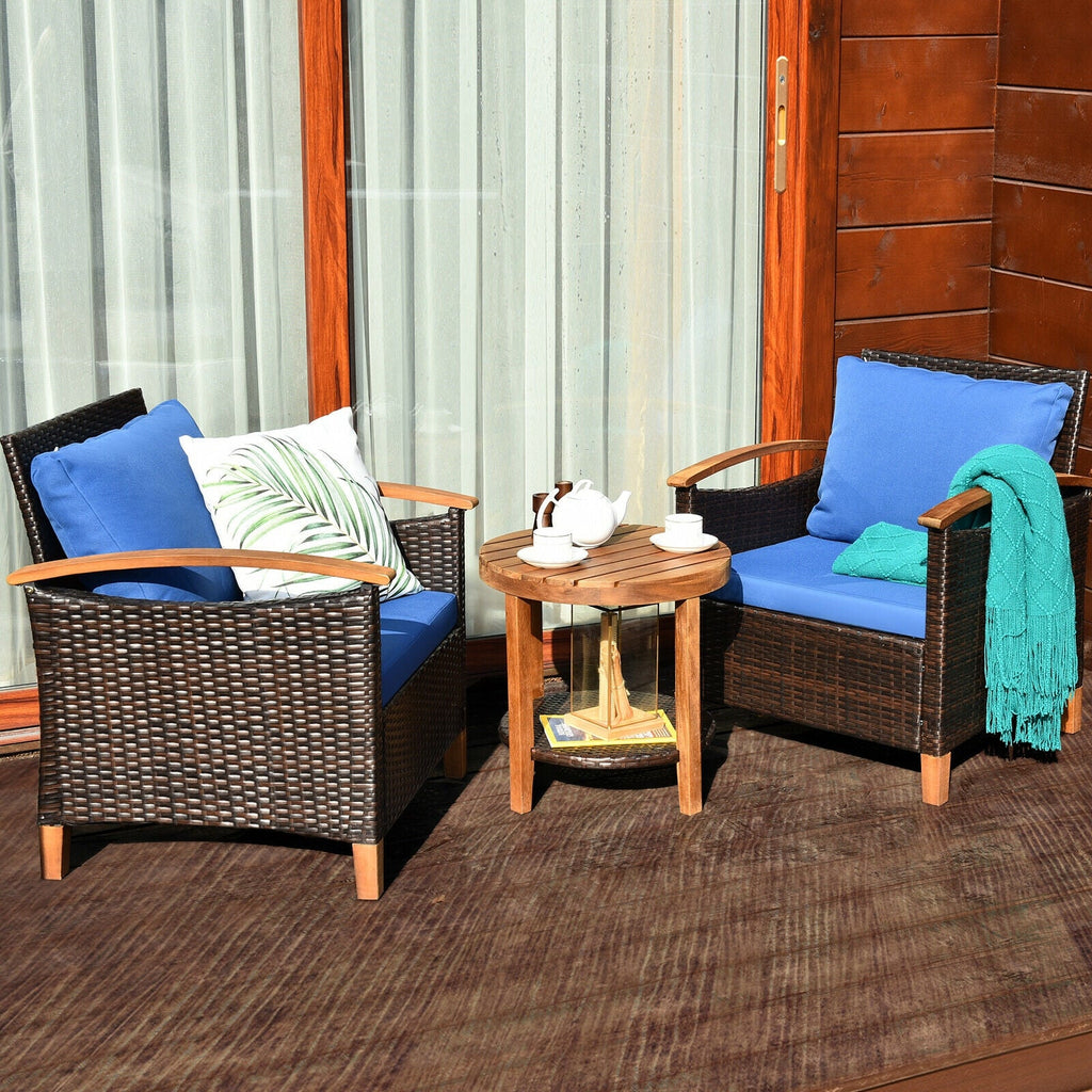 3 Pieces Patio Rattan Set with Washable Cushion and Acacia Tabletop