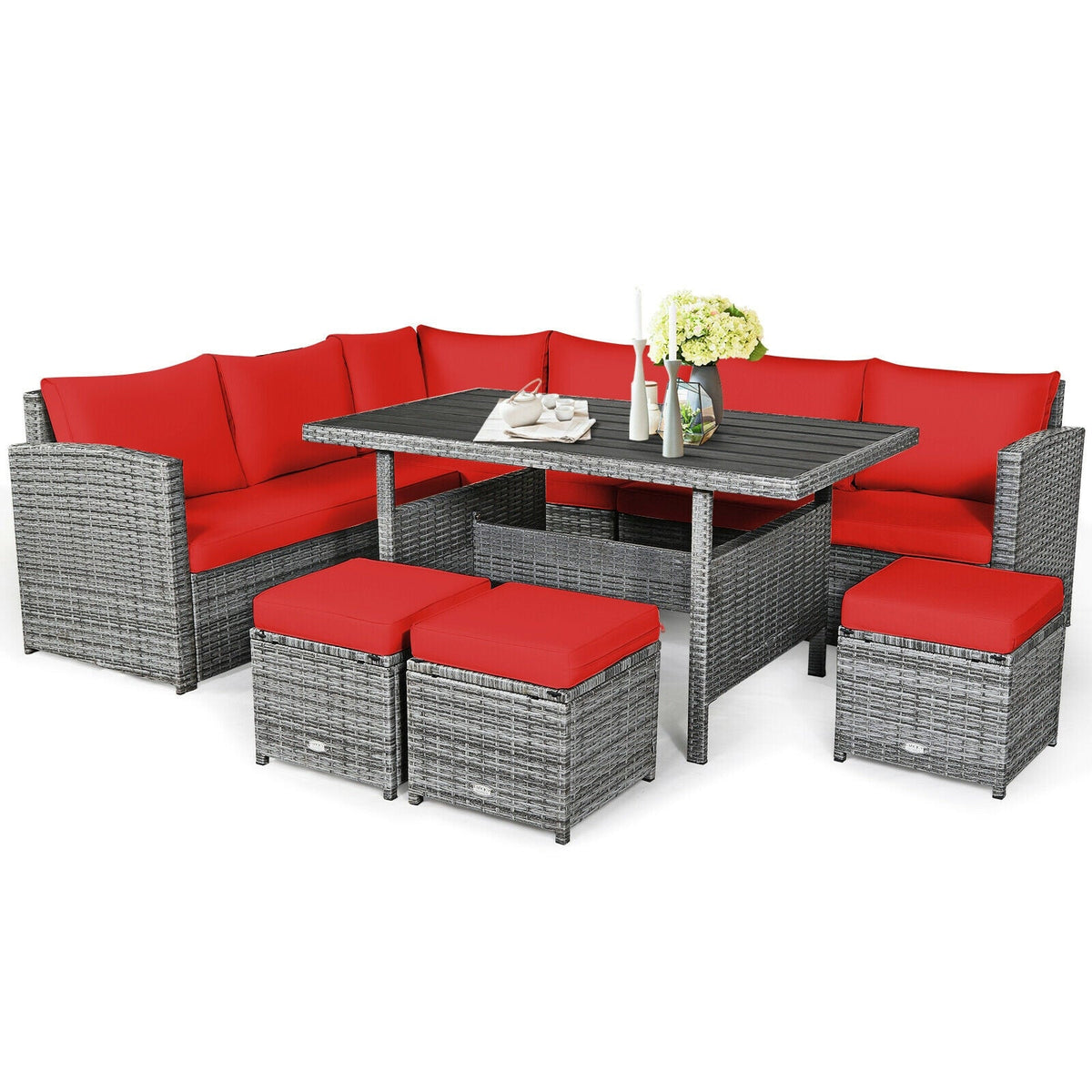 7 Pieces Patio Rattan Dining Sectional Sofa Set with Wicker Ottoman