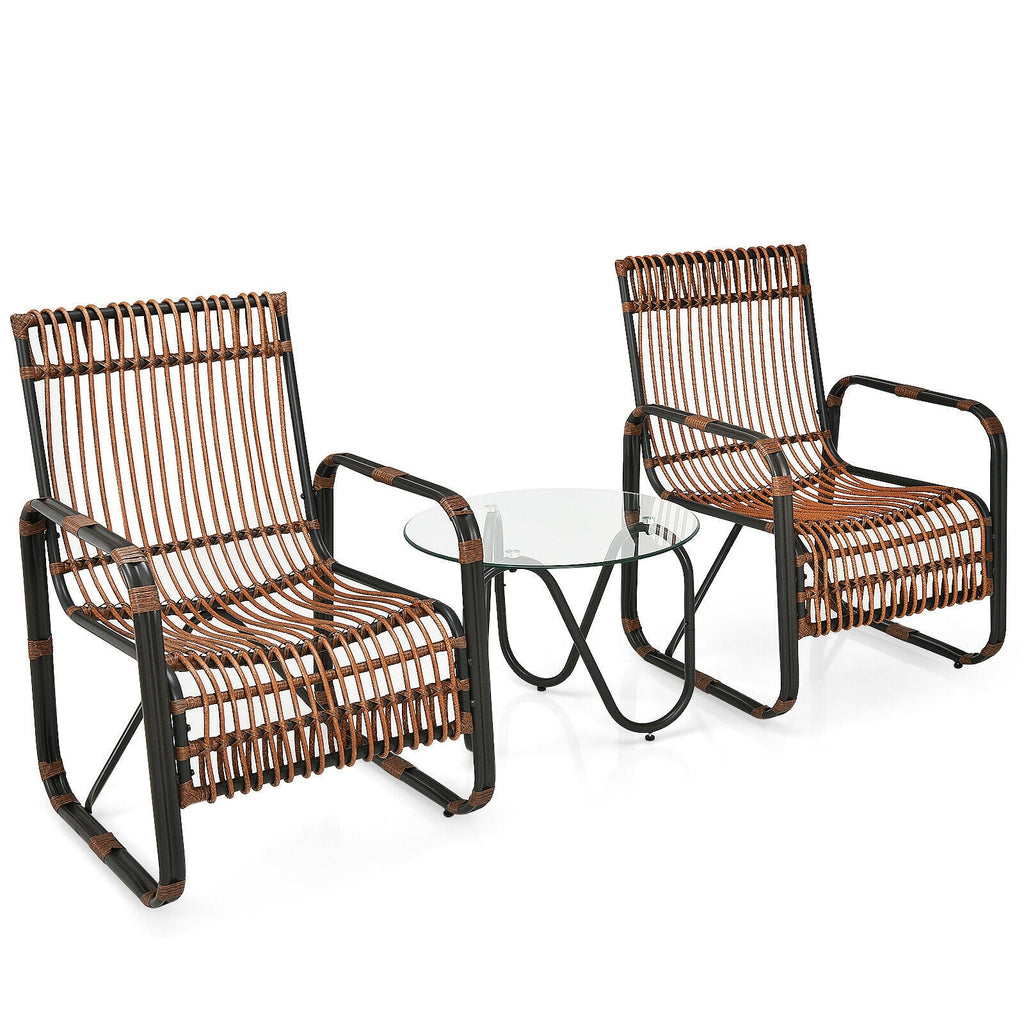 3 Pieces Patio Rattan Set with 2 Single Wicker Chairs and Glass Side Table