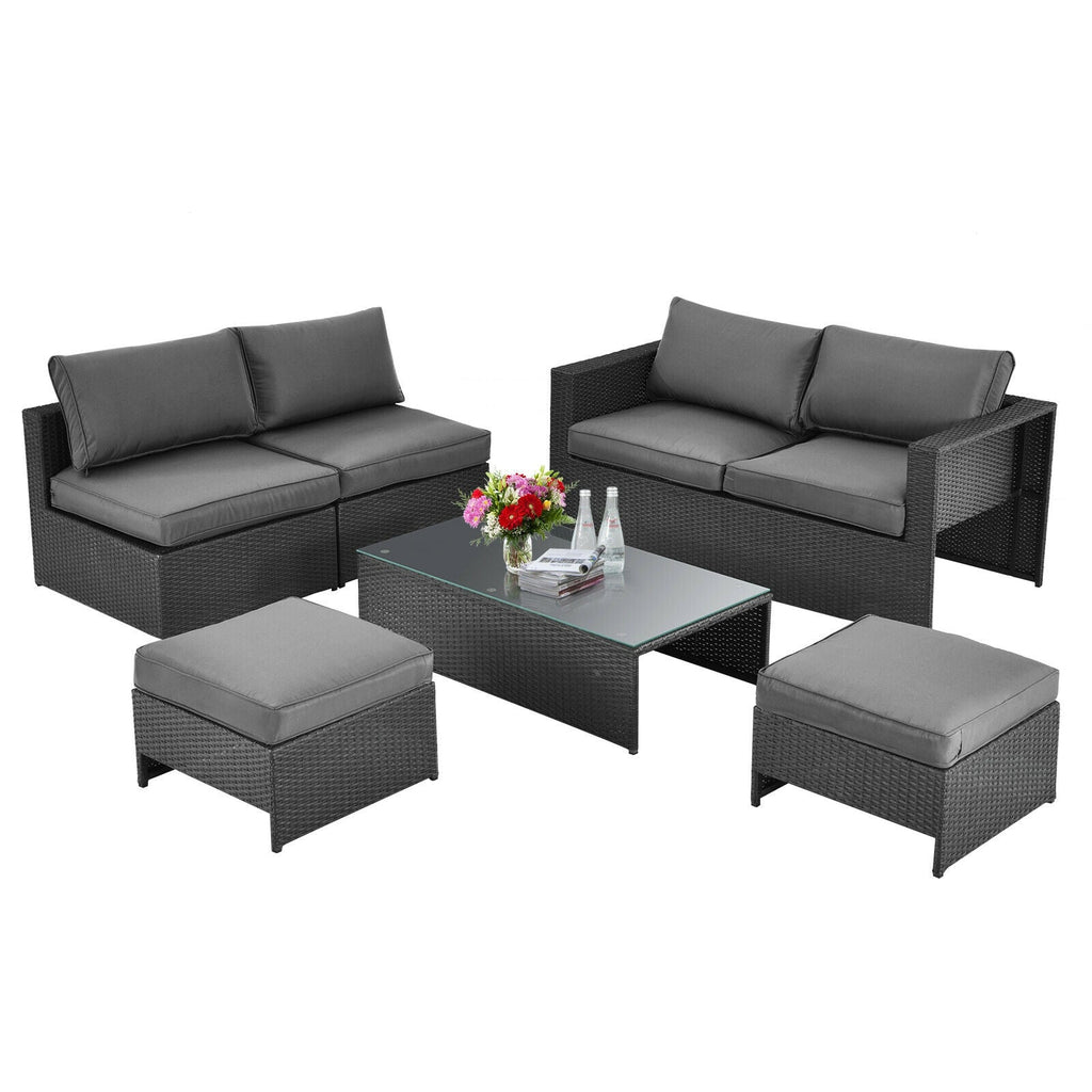 6 Pieces Patio Rattan Set with Glass Table and Cushioned Seat-Gray