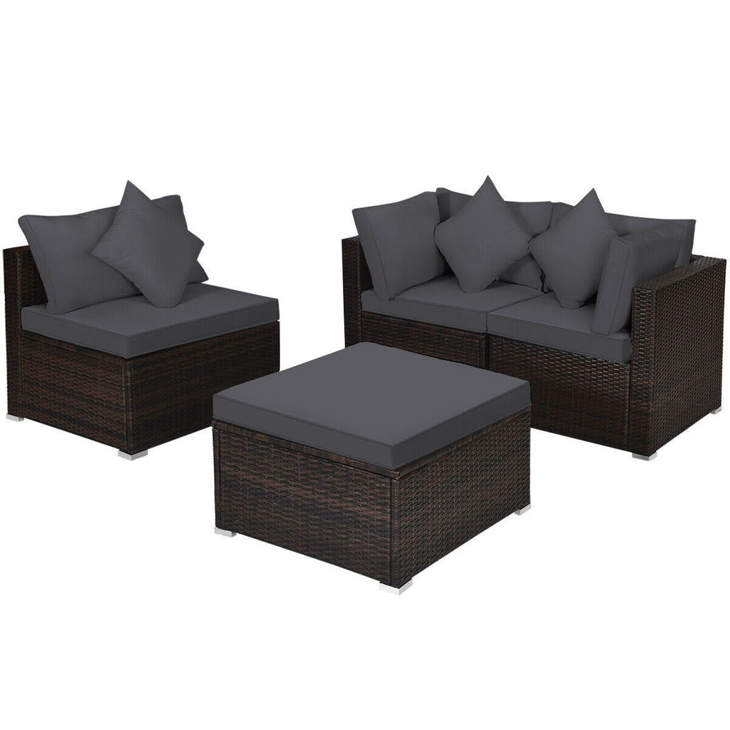 4 Pieces Ottoman Garden Patio Rattan Wicker Set with Cushion-Gray