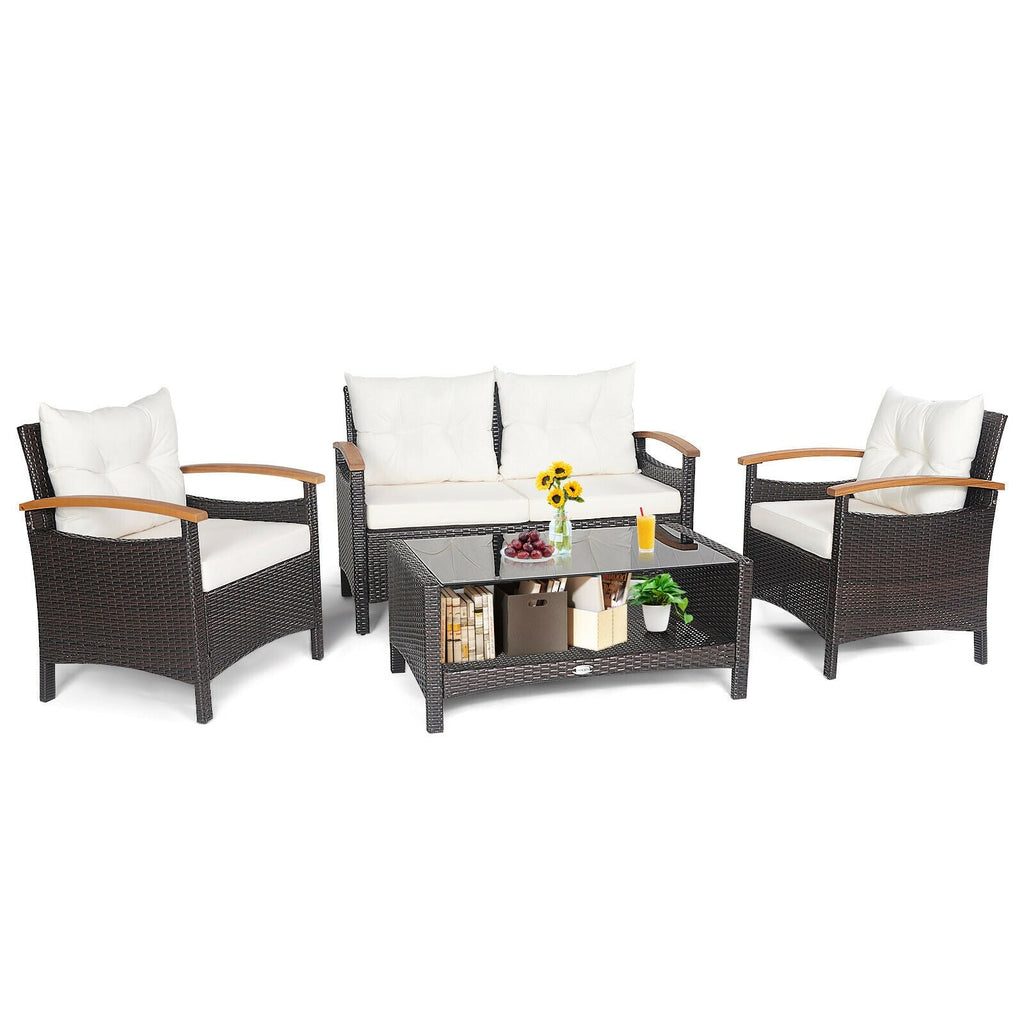 4 Pieces Patio Rattan Set with Cushioned Sofa and Storage Table